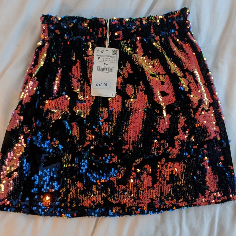 ZARA blue/orange sequin & velvet miniskirt